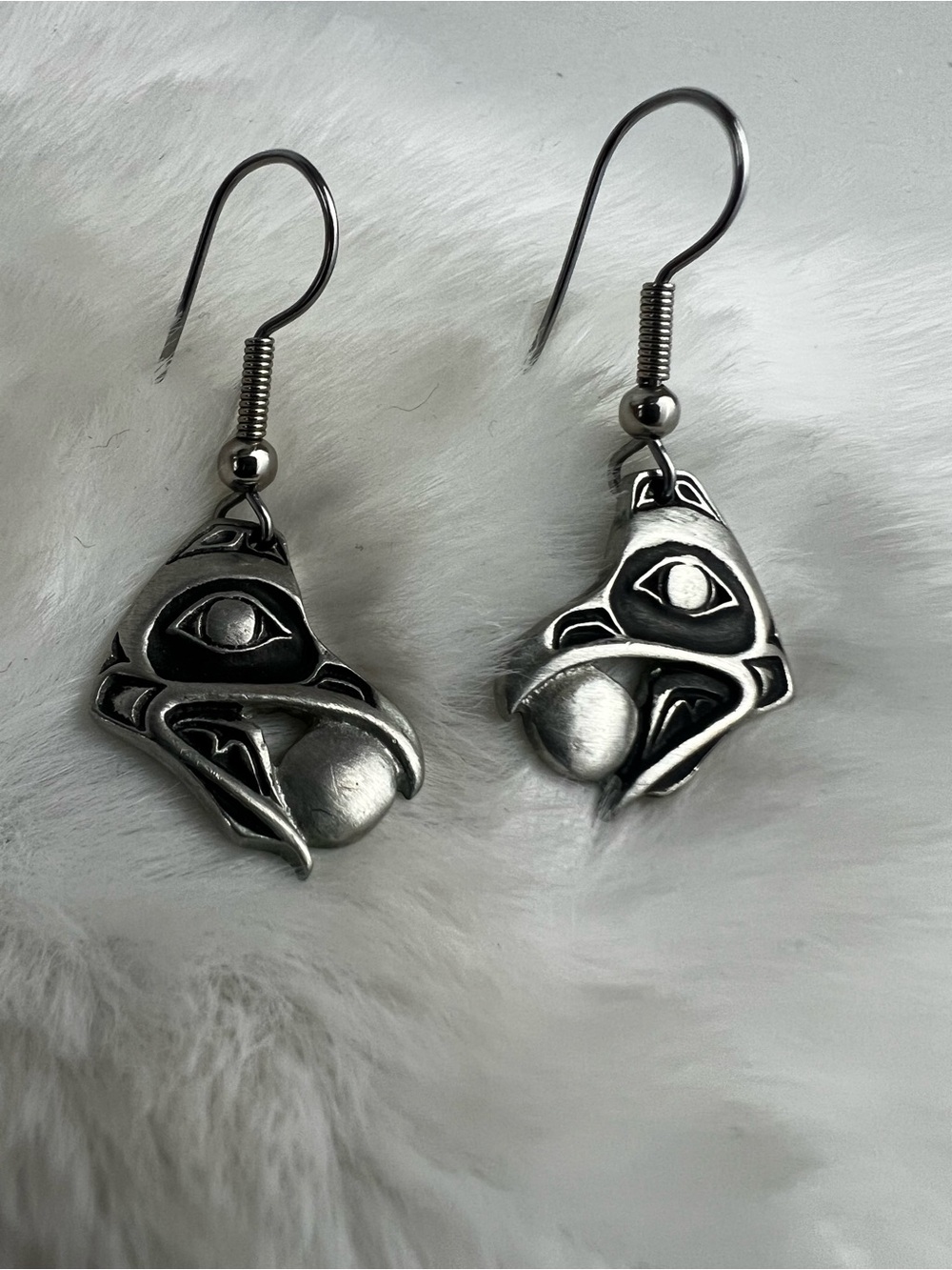 Vintage Pewter Northwest Coast Raven Steals Sun Dangle Earrings
